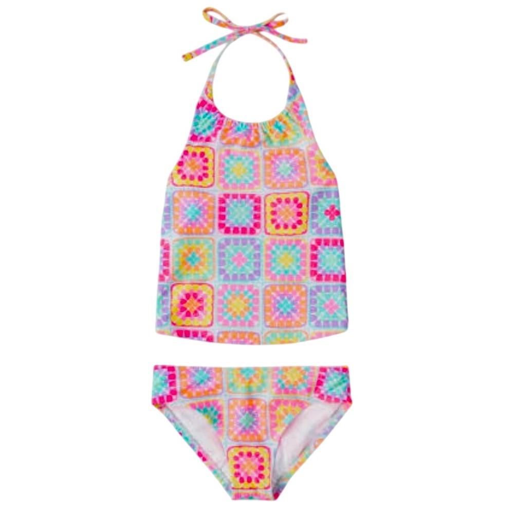 The Childrens Place XXL 16 Tankini Swimsuit Crochet Print Time for Teal UPF 50+